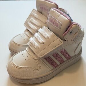 Adidas Kids White and Pink High-Top Sneakers